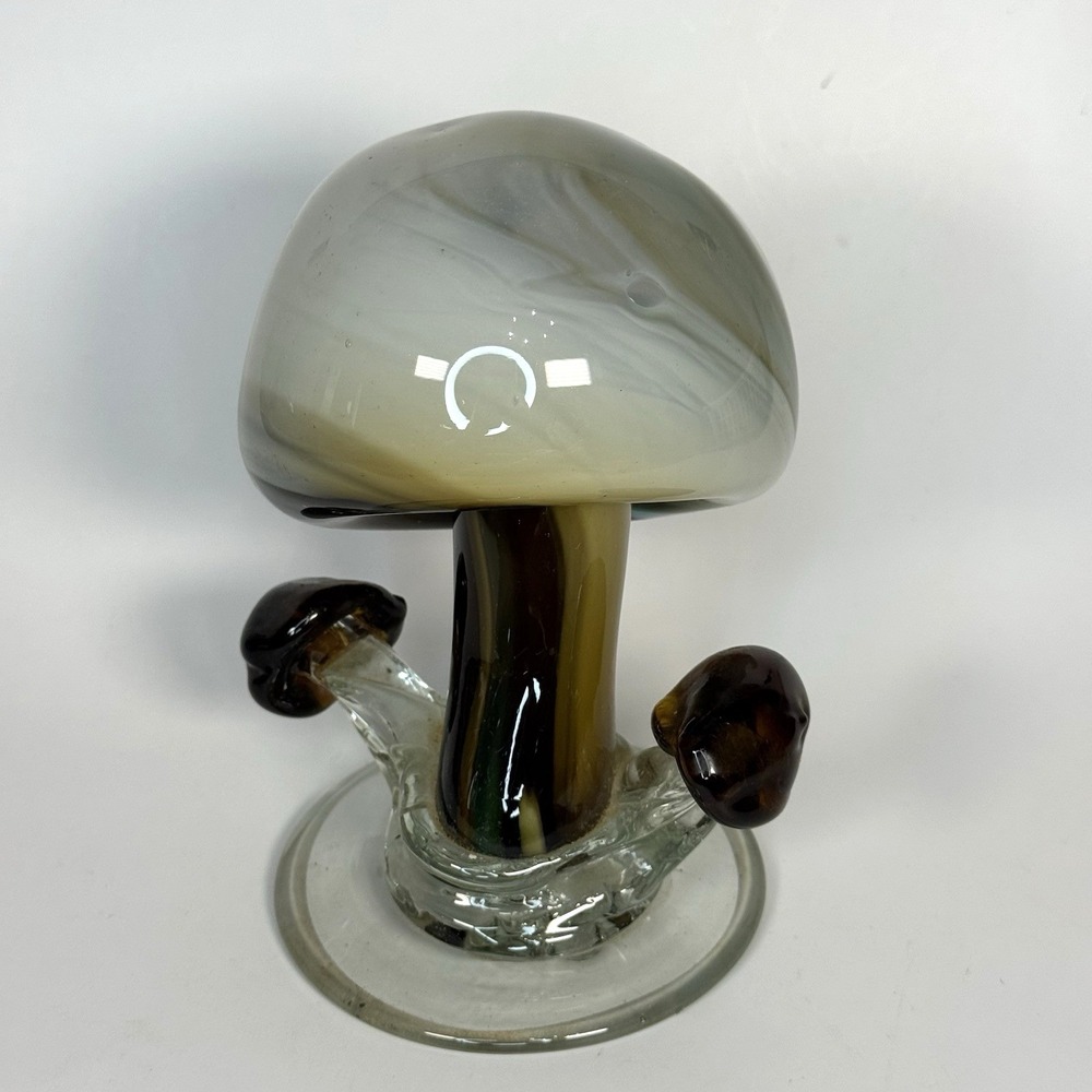 Vintage Handblown Art Glass Mushroom Cluster Sculpture Amber Brown Olive Swirl
